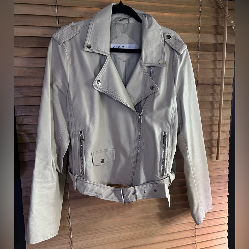 Cream Moto Jacket - Faux Leather
